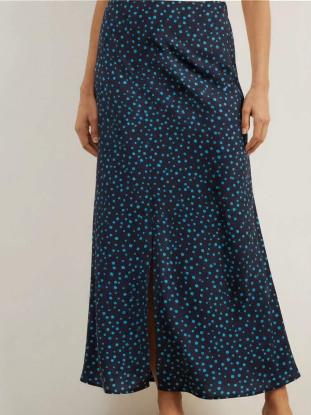 PENMAN’S Navy Aqua Blue Polka Dot Maxi Skirt Front Slit Zipper Back Size 12
